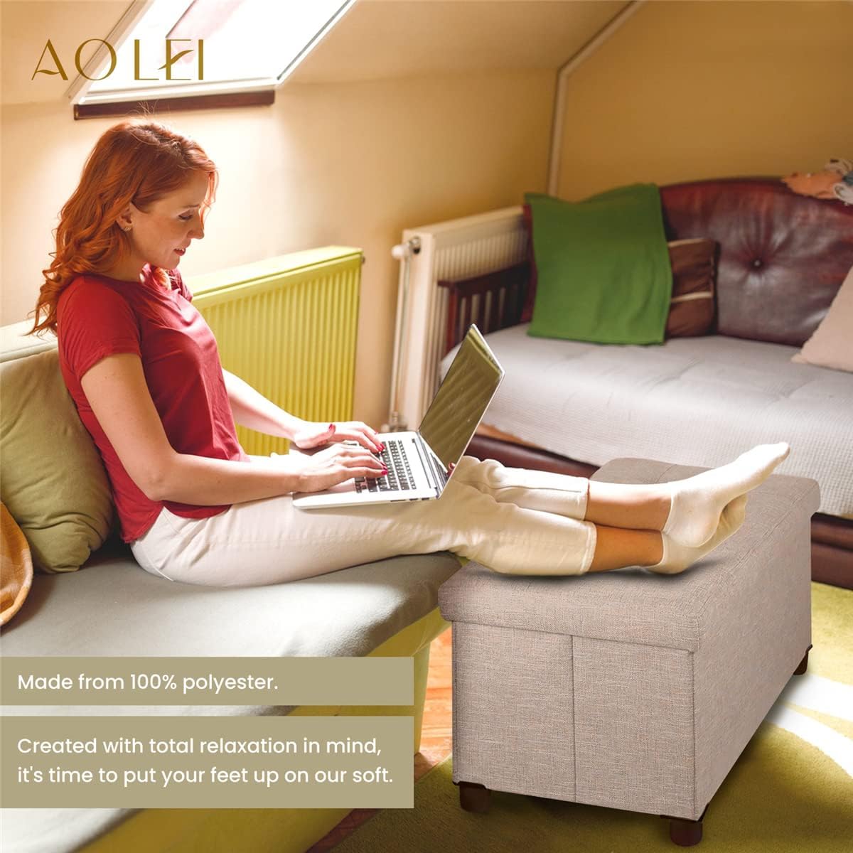 Ao Lei 30 Inches Storage Ottoman Bench, Storage Bench with Wooden Legs for Living Room Ottoman Foot Rest Removeable Lid for Bedroom End of Bed, Linen Fabric, Folding Beige Ottoman Ao Lei