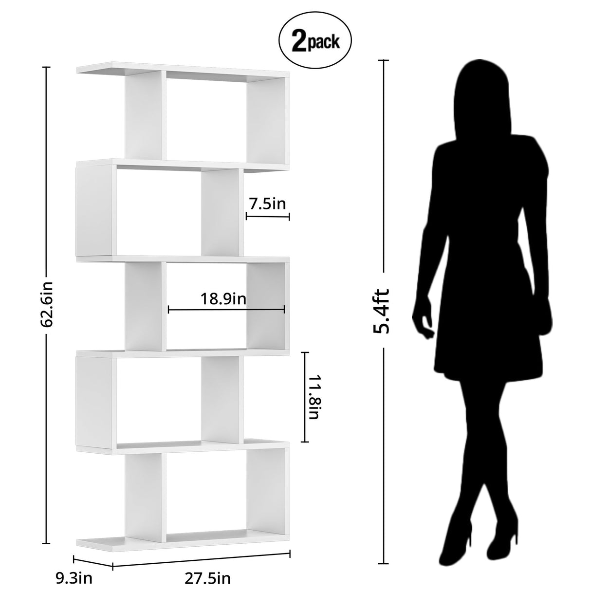 DIYART White 5-Tier Geometric Bookcase, S-Shaped Modern Bookshelf Set of 2, 62.6" Tall Room Divider Book Shelf, Decorative Display Shelf DIYART