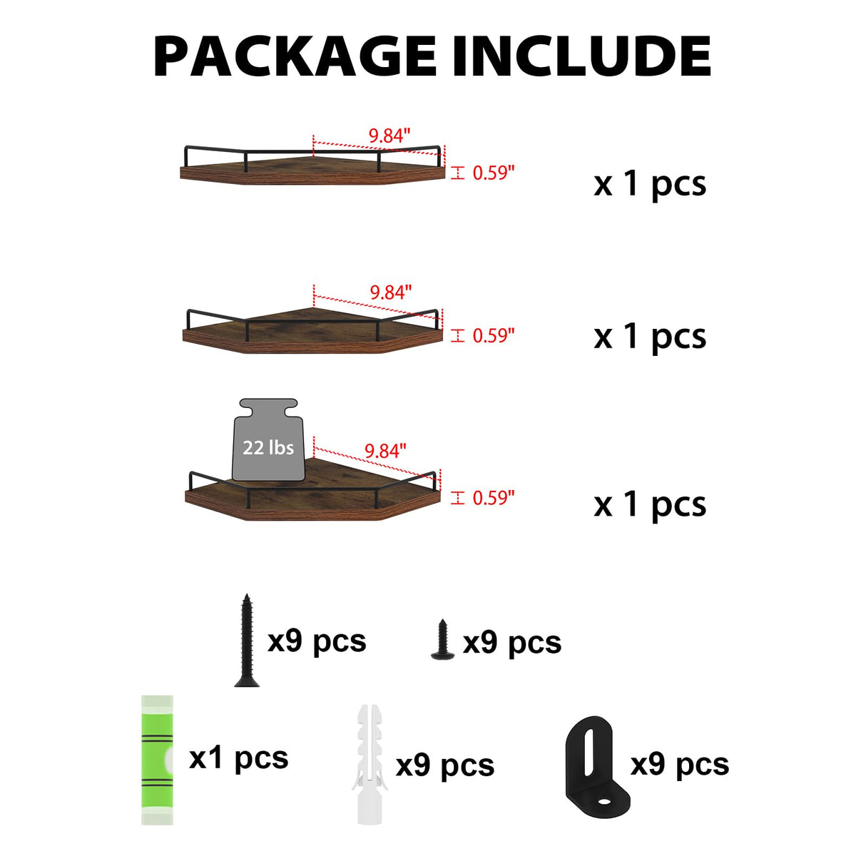 HORLIMER Floating Corner Shelf Wall Mount, 3 Pack Rustic Wood Corner Wall Shelves with Fence for Bedroom, Bathroom, Kitchen, Living Room, Brown HORLIMER