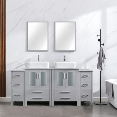 eclife 72" Modern Bathroom Vanity Sink Combo Gray W/Small Side Cabinets White Rectangle Ceramic Vessel Sink & Water Save Faucet & Pop Up Drain (2T03)