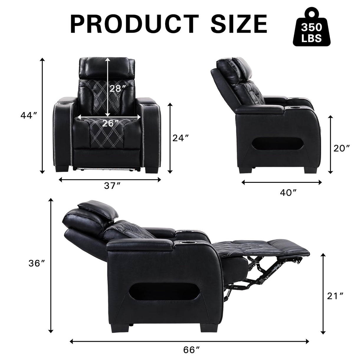 CANMOV Electric Power Recliner Chair with Adjustable Headrest, Breathable PU Leather Home Theater Seating with Ambient Lighting,Cup Holders,Armrest Storage,USB & Type C Ports,Black CANMOV