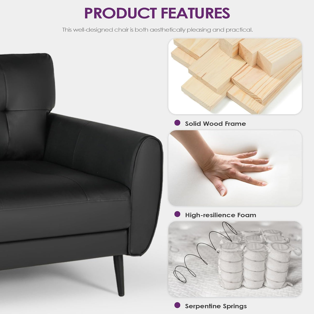 Sofa Couch 61" Small Loveseat Couches for Living Room, Black Faux Leather Couch Mid Century Modern Tufted Mini Sofa Comfy Office 2 Seat Settee Love Seat Small Couches for Small Spaces Bedroom TYBOATLE