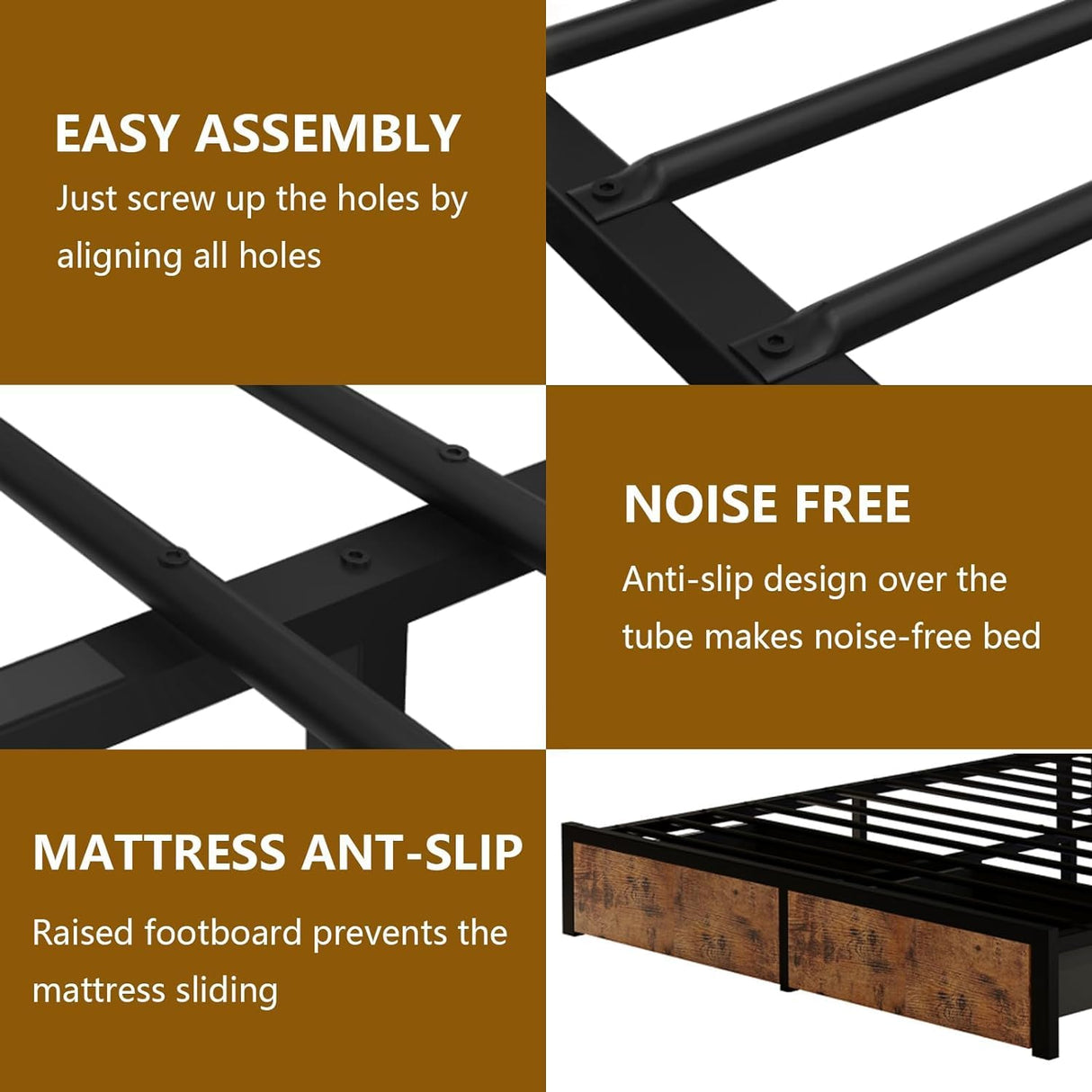 Farmhouse Queen Bed Frame with Bookcase Headboard and Storage Drawers, LED Lights and Charging Station, No Box Spring Needed, Noise Free, Rustic Brown Fastroby