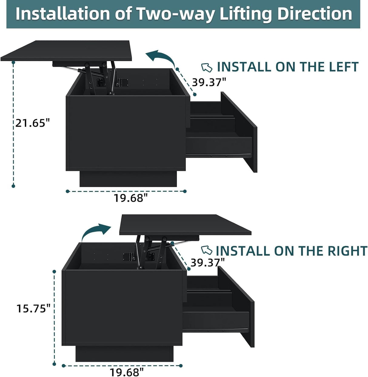 HOMMPA Lift Top Coffee Table with LED Light Morden Coffee Table with Storage High Gloss Black Coffee Table for Living Room Tea Table with Storage Center Tables Hidden Compartment & 2 Drawers HOMMPA