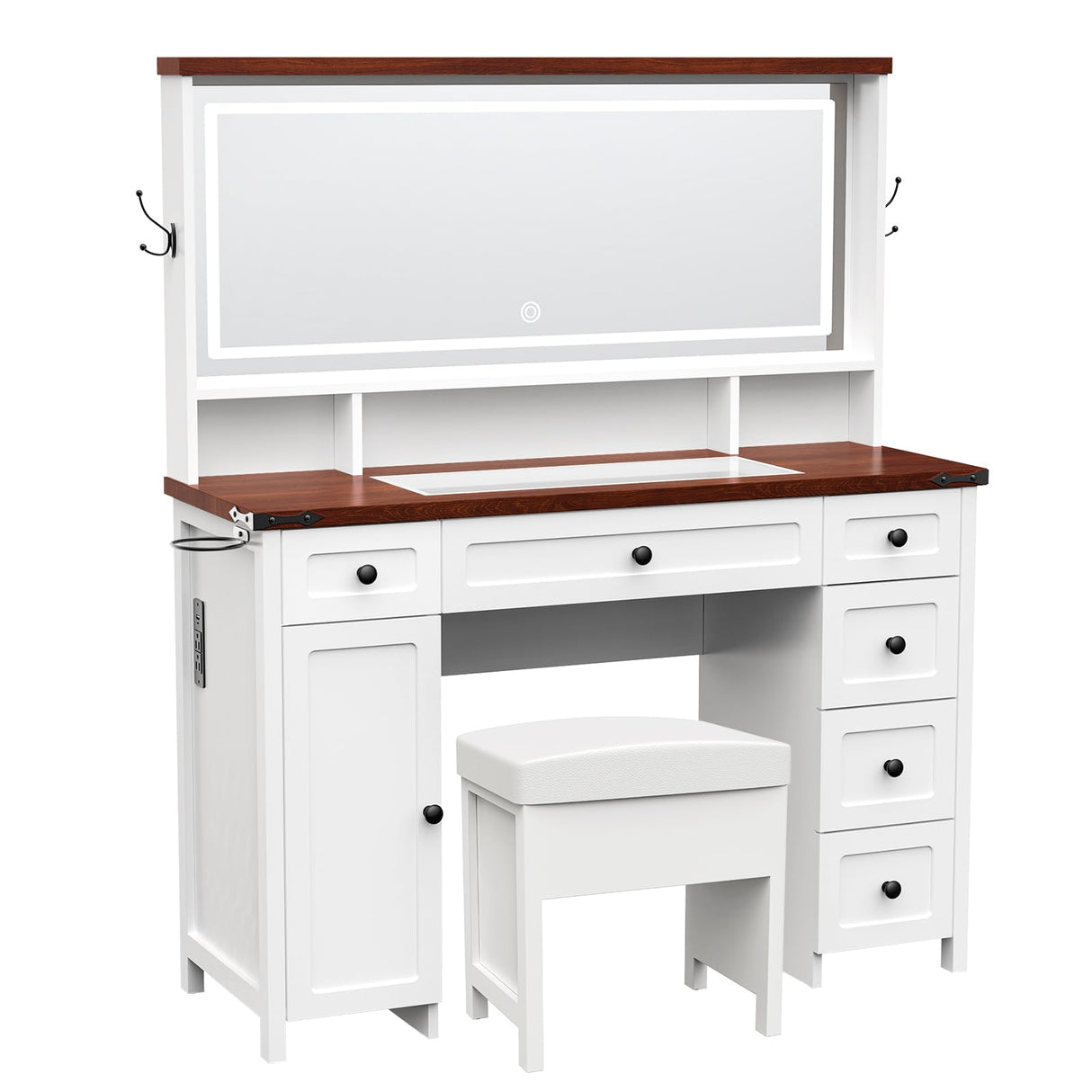 KOLIGEY Vanity Desk with Mirror and Lights, 45"W Farmhouse Makeup Vanity Desk with 44"W Lighted Mirror, Dressing Table with Glass Tabletop, 6 Drawers & 1 Cabinet Door for Bedroom, Dark Walnut & White KOLIGEY