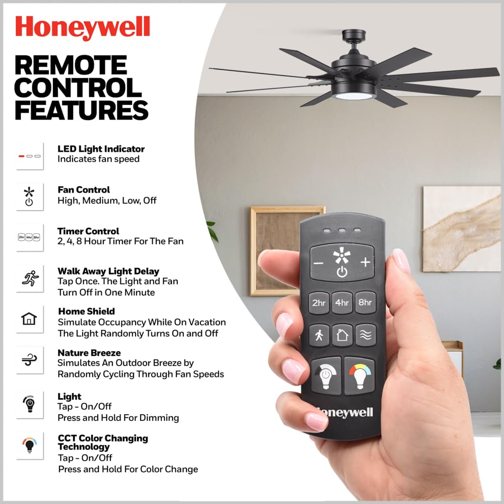 Honeywell Ceiling Fans Xerxes Modern 62 Inch Ceiling Fan with Light, Remote Control Fan, LED Indoor Fan with 8 Blades, Matte Black and Ash Blade Finish Options, Matte Black (51473-01) Honeywell