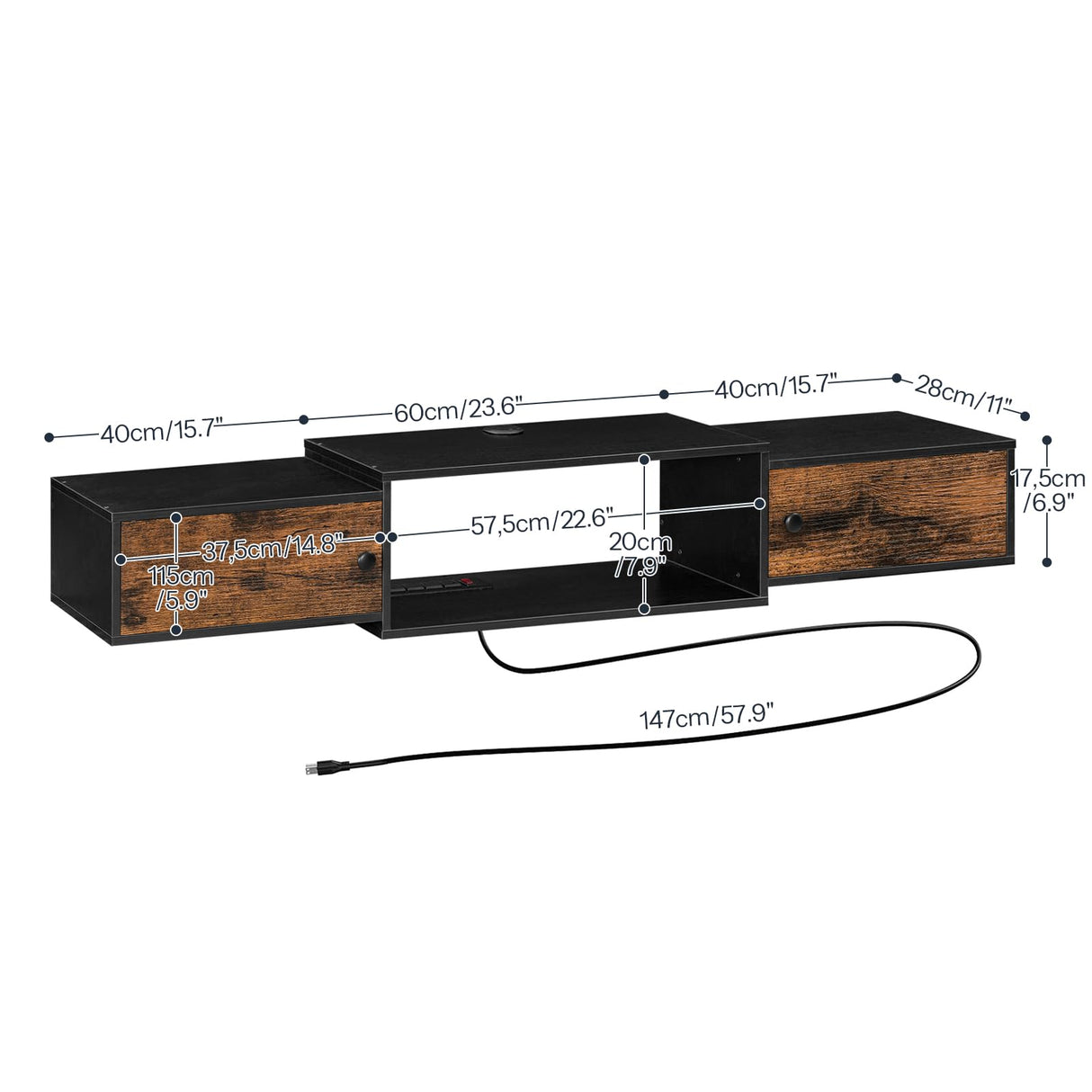 HOOBRO Floating TV Stand with Power Outlet 55", Modern Wall Mounted Media Console Shelf Cabinet for Under TV Storage, Entertainment Center, Living Room, Bedroom, Rustic Brown and Black BF11DS01 HOOBRO