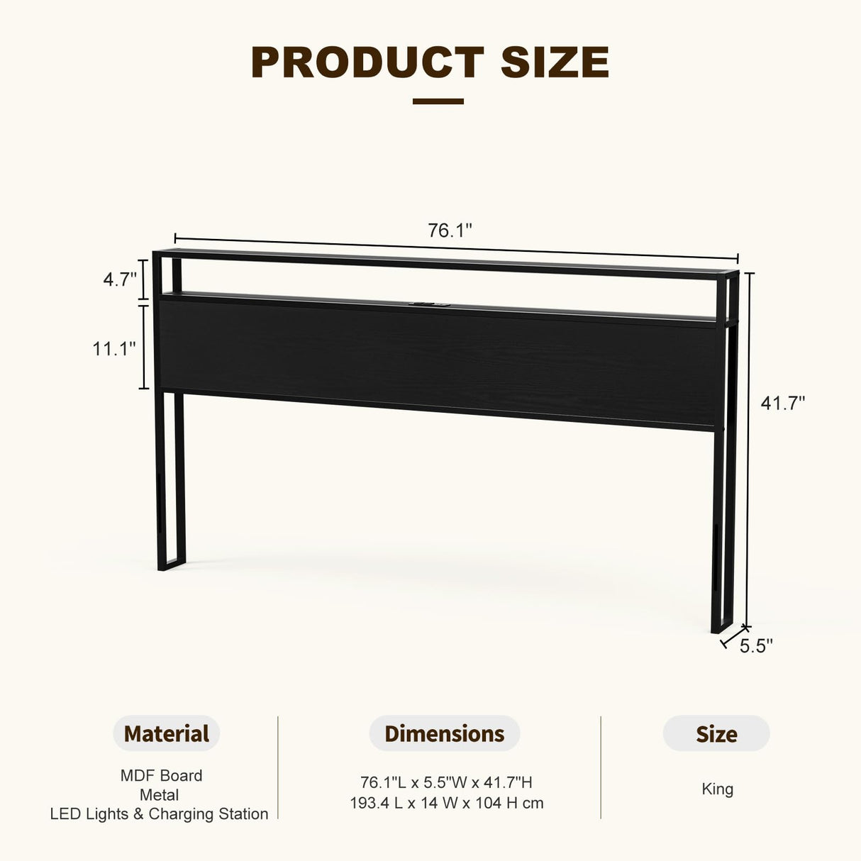 IKIFLY King Size LED Storage Headboard with Charging Station – Stylish Black Metal and Wood Design for Easy Bedroom Assembly IKIFLY