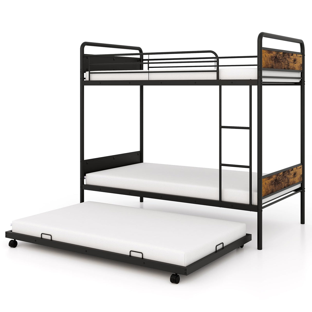 KOMFOTT Metal Twin Over Twin Bunk Bed with Trundle, Industrial Bunk Bed Frame with Ladder, Full-Length Guardrail, Vintage Headboard & Footboard, Noise Free, No Box Spring Needed Bunk Bed KOMFOTT