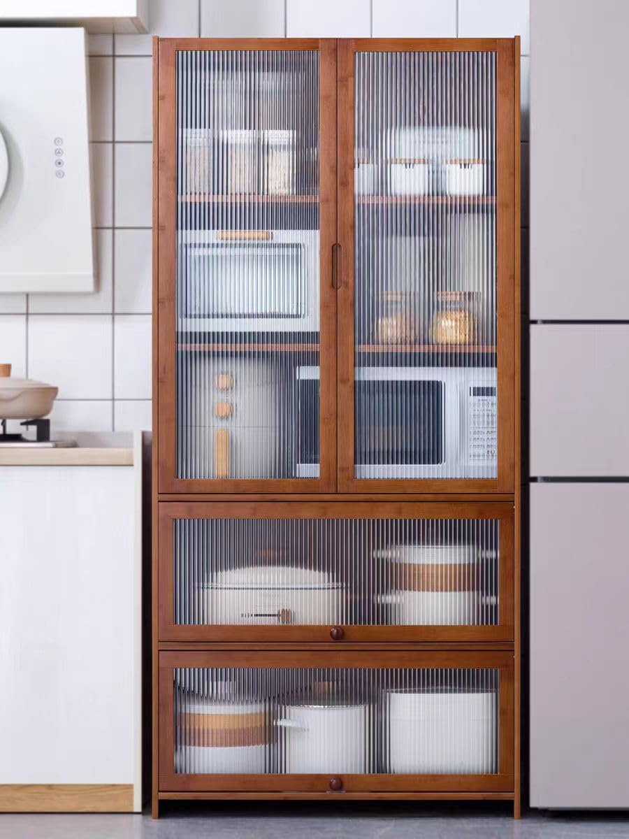 67" Bamboo Kitchen Storage Cabinet with Acrylic Doors – Large Capacity Display Hutch for Living Room and Pantry SNVHA-66