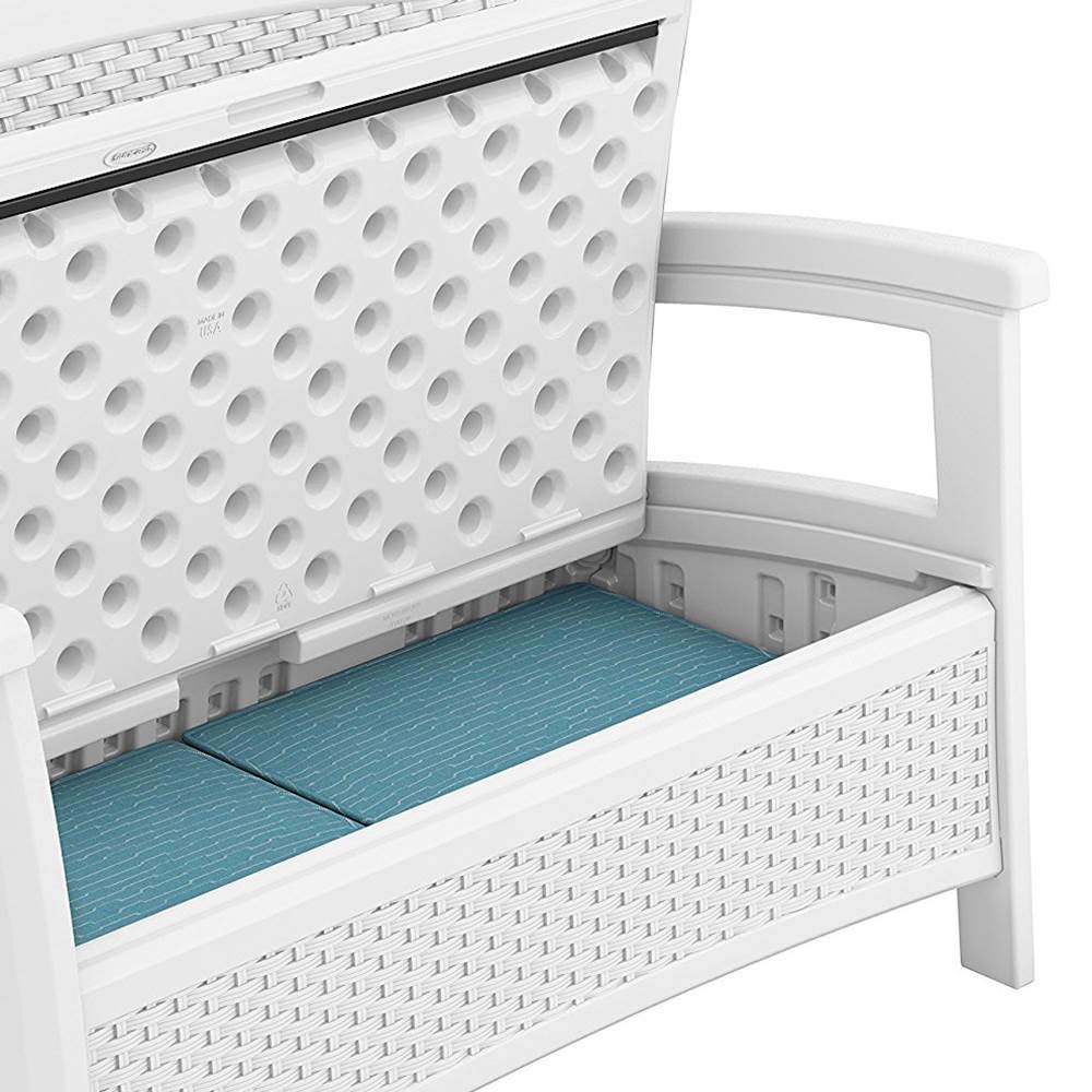 Suncast Elements Stylish Lightweight Loveseat Outdoor Seating with Convenient Built In Universal Storage, and All Weather Plastic, White Suncast