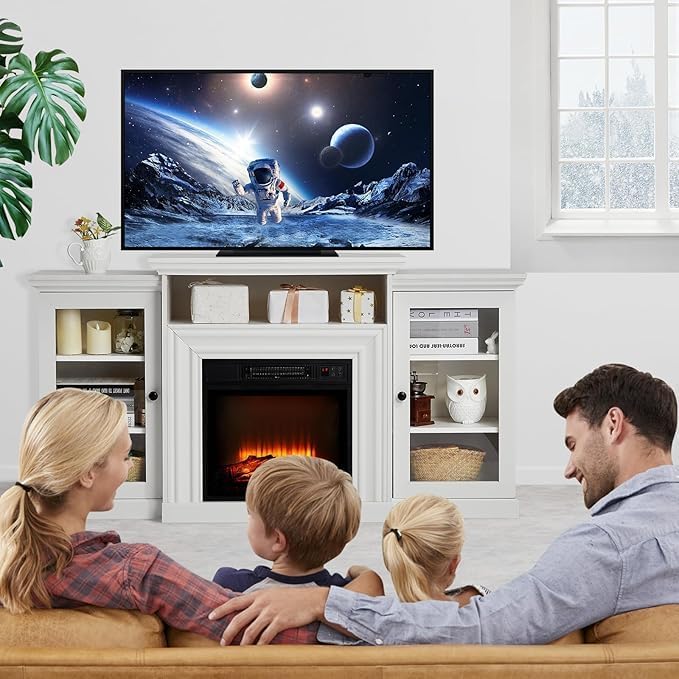 White Farmhouse Fireplace TV Stand with 3-D Real Flame Electric Fireplace for 65/75 inch TV, 31" Tall Highboy Entertainment Center, TV Console with 2 Glass Doors & Open Shelf for Living Room WARMTOBABY