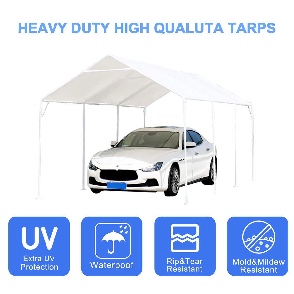 HFYZZ 10 x 20 Ft Heavy Duty Carport Replacement Canopy Waterproof UV Protected Garage Top Shelter Tarp Tent Cover with 44 Ball Bungees Cords, Only Top Cover, White HFYZZ