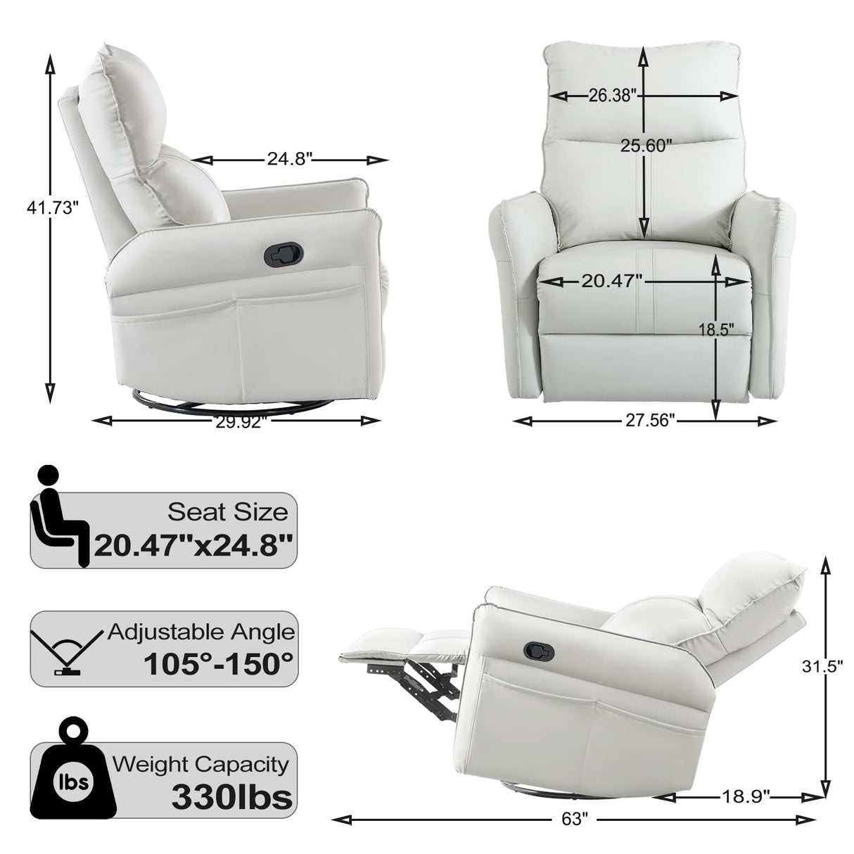 cinehome Swivel Rocker Recliner, Small Rocker Recliner Chairs for Adults, Overstuffed Faux Leather Manual Recliner, Glider Recliner, 360 Swivel Recliner Chair for Living Room cinkehome