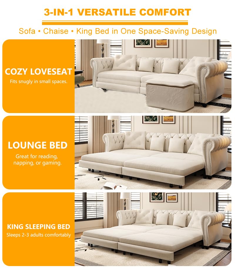LuxyHoom 89" King Pull Out Sofa Bed, Velvet Chesterfield Sleeper Sofa Couch, 3 in 1 Convertible Tufted Futon Couches with Ottoman for Living Room, Small Space, Apartment, Office, Bedroom, Beige LuxyHoom