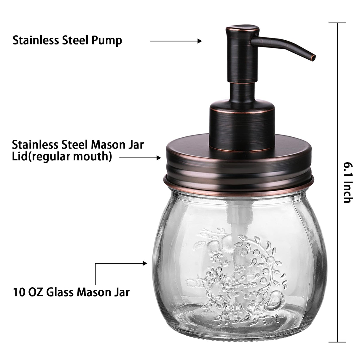 Amolliar 10 OZ Mason Jar Liquid Soap Dispenser, Stainless Steel Pump & Lid, Cute Farmhouse Decor for Kitchen, Bathroom, Refillable Hand Soap Dispenser, Lotion Soap Dispenser, Dish Soap, ORB 1 Pack Amolliar
