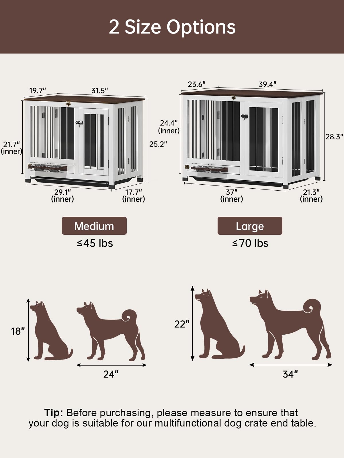 OtterOasis Dog Crate Furniture, Dog Kennel Indoor Foldable and Portable, Sturdy Wooden Dog Crate End Table Easy Assembly with 360° Rotating Feeder and Detachable Tray for Small Dogs, Medium Dogs OtterOasis