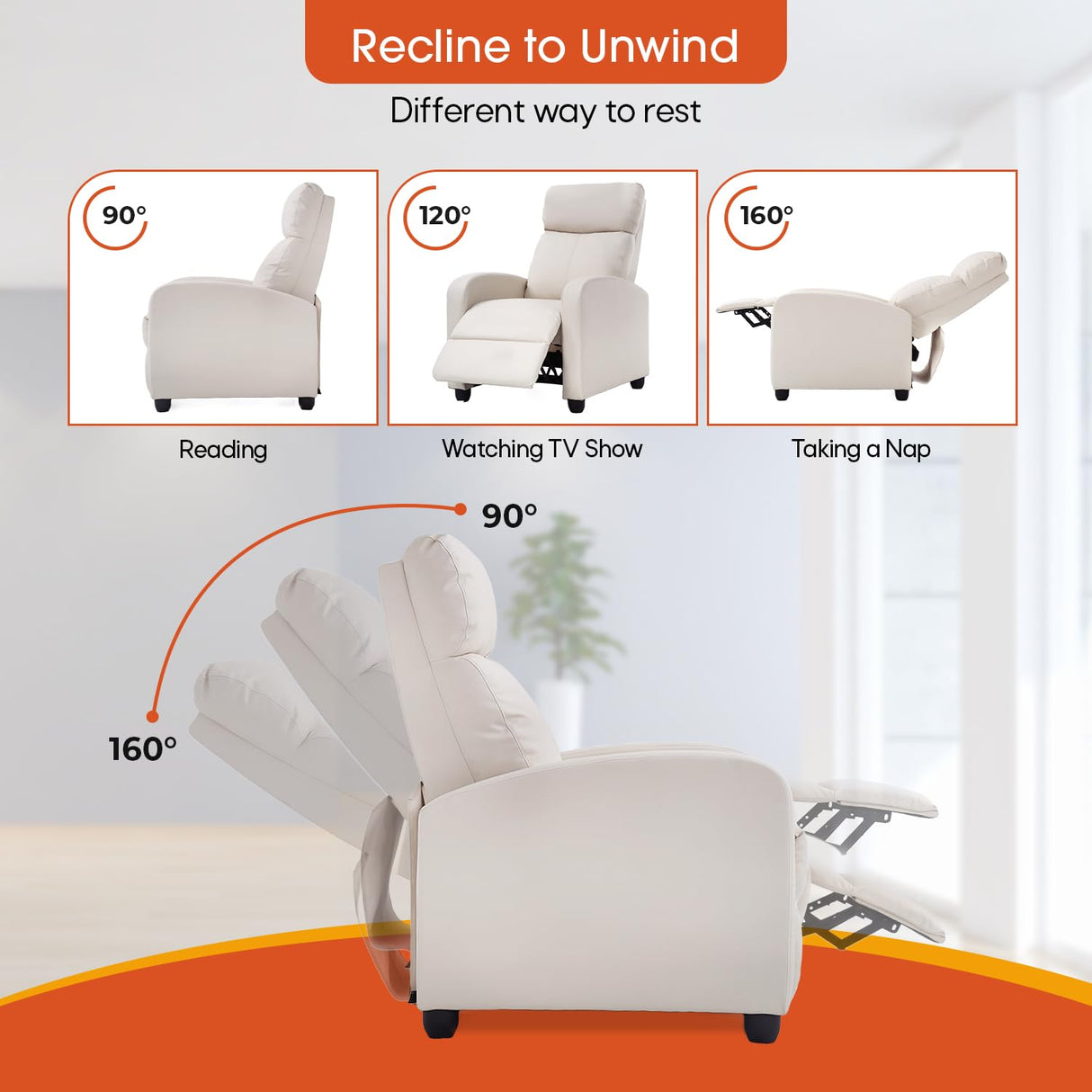 Polyurethane Leather Manual Recliner Chair - Modern Home Theater Sofa Furniture, Single Reclining Lounge With Backrest, Push Back Armchair, Beige Dopinmin