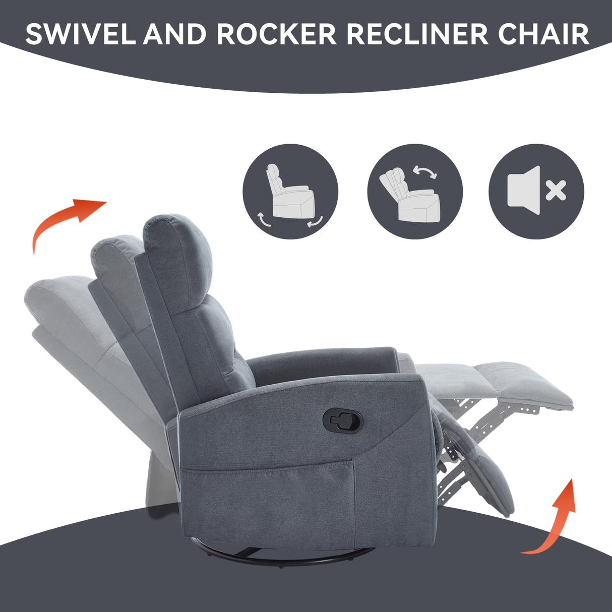 Manual Rocker Swivel Recliner Chair for Adults, 360° Swivel Rocker Recliner Chair, Adjustable Backrest & Footrest for Living Room, Nursery, Home Theater,Small Spaces, 300lb (Grey) Klwenas Maec