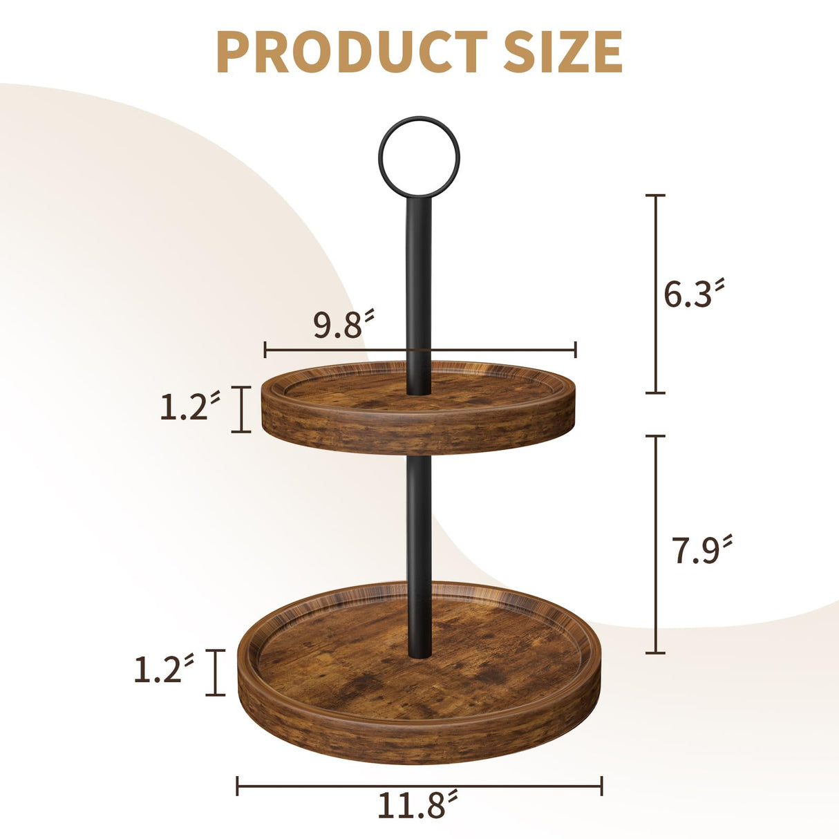 Tiered Tray Stand, Rustic Wooden Two Tier Decorative Tray with Metal Handle, Farmhouse 2 Tier Serving Tray, Round Cake Cupcake Stand for Coffee Bar Home Party Christmas Tiered Tray Decor(1-Pack) BIGNEWWANG