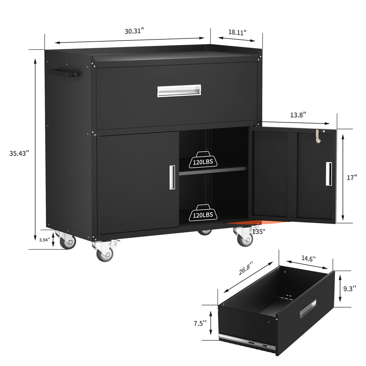 LCAOPC Metal Garage Storage Cabinet with Wheels, Lockable Rolling Tool Chest with Wheels, Tool Cabinet on Wheels, Metal Rolling Utility Cabinet for Home, Office, Garage and Workshop, Black LCAOPC