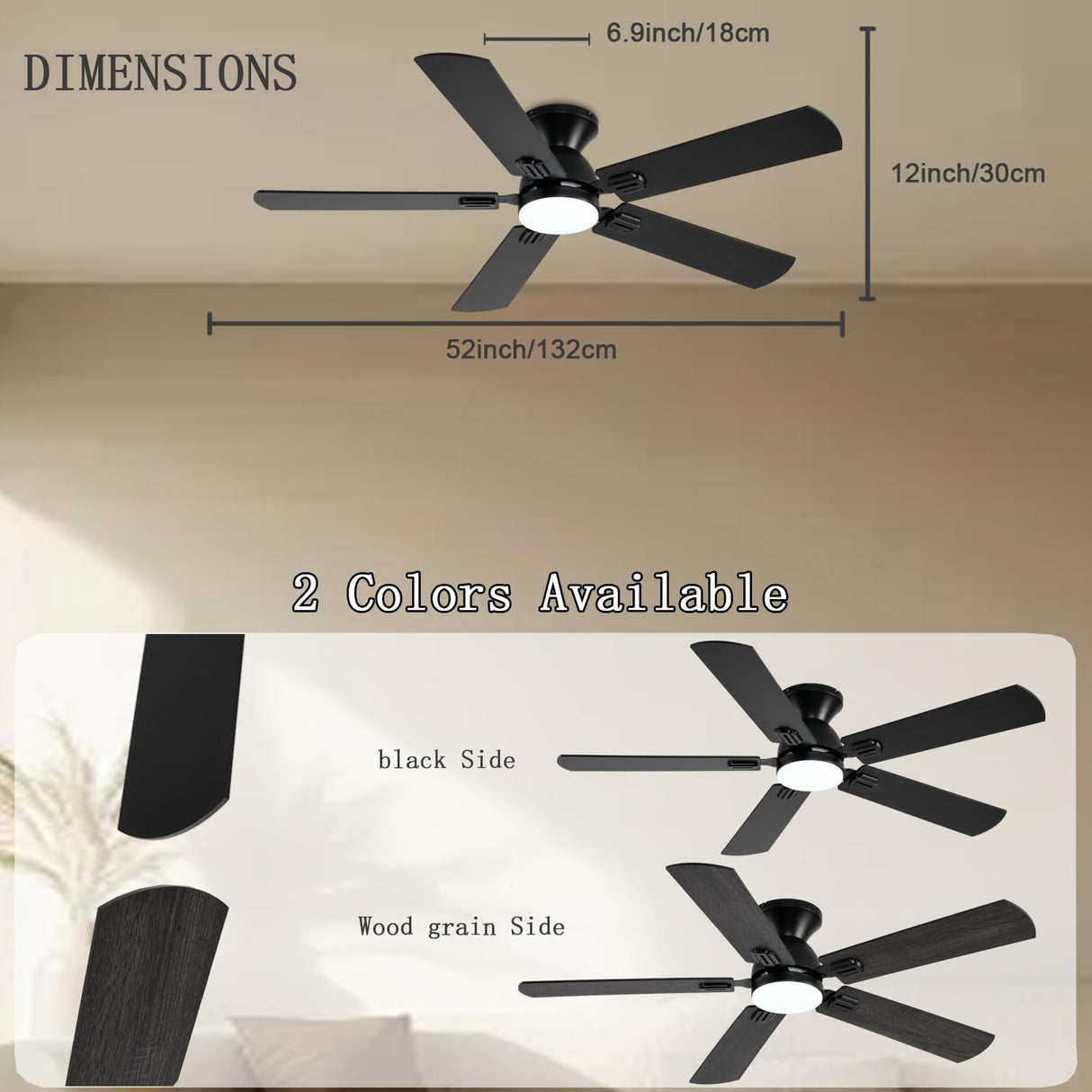 GJeg Ceiling Fans with Lights, 52 Inch Low Profile Ceiling Fan with Light and Remote/APP Control, Noiseless, LED Dimmable DC Reversible 6 Speeds, Flush Mount Black Ceiling Fan for Bedroom GJeg
