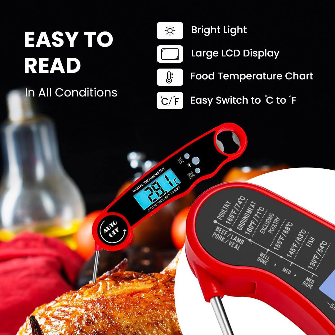 Morning Star Instant Read Digital Meat Thermometer for Cooking,Grilling & BBQ, IP67 Waterproof with LED Backlight, Auto Shut, 4.7 inch 180° Foldable Probe, Built in Bottle Opener with Fridge Magnet Morning Star