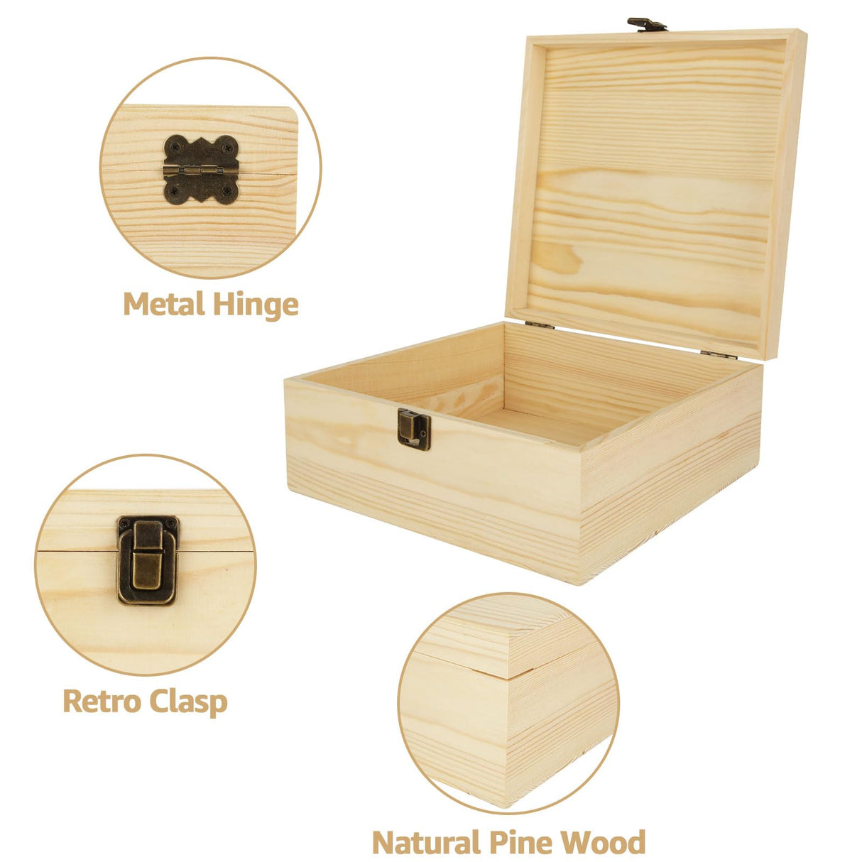 DAJAVE Unfinished Wooden Box, Wooden Storage Box with Hinged Lid, Pine Wood Box DIY Craft Stash Boxes for Arts Hobbies, DIY, Home Storage(9x9x4 Inch) DAJAVE