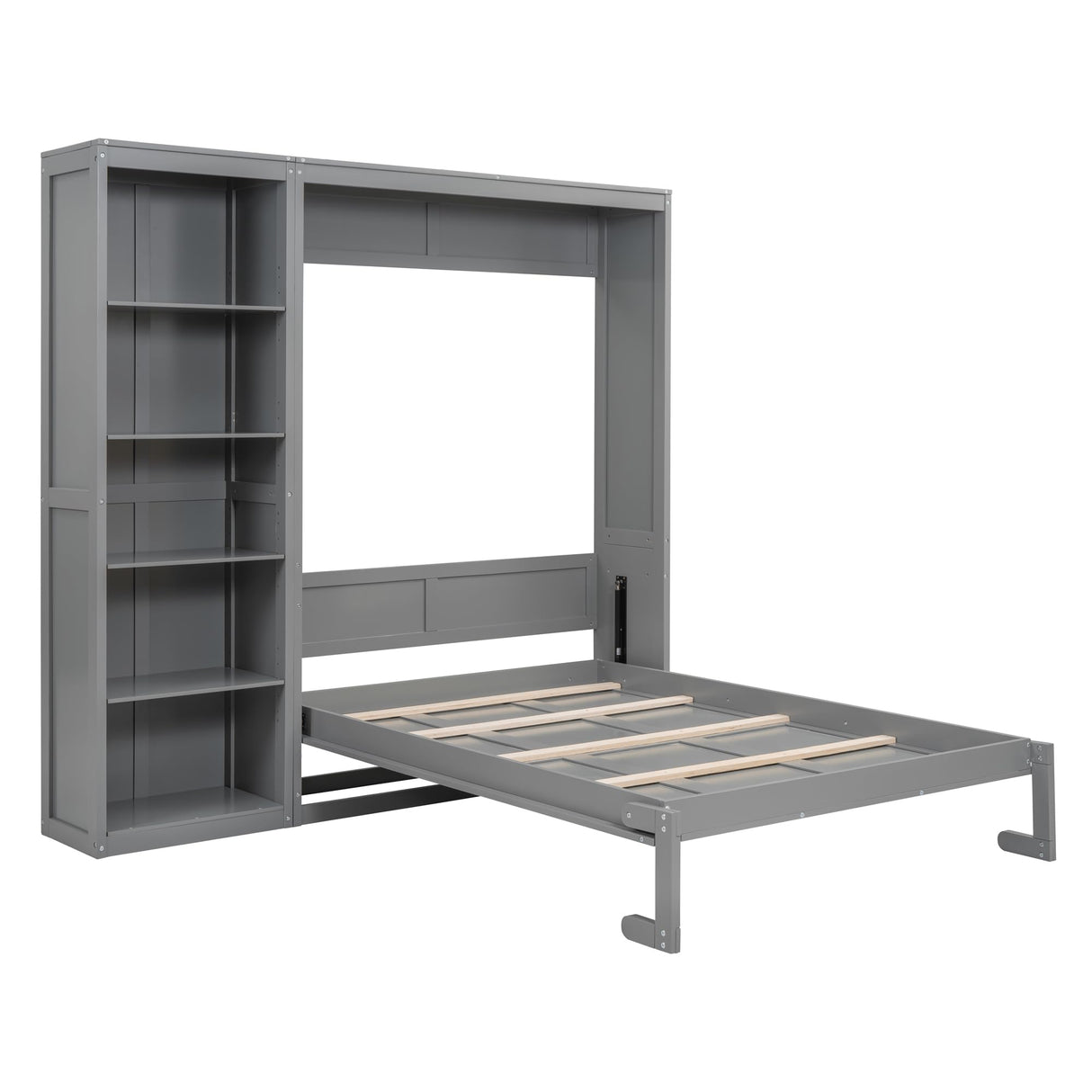 Merax Full Size Murphy Bed with Adujstable Storage Shelves, Fold into The Wall, Multifunctional Foldable Platform Wall Bed Frame, Space-Saving Design Bed for Guest-Room, Home, Office, Gray Merax