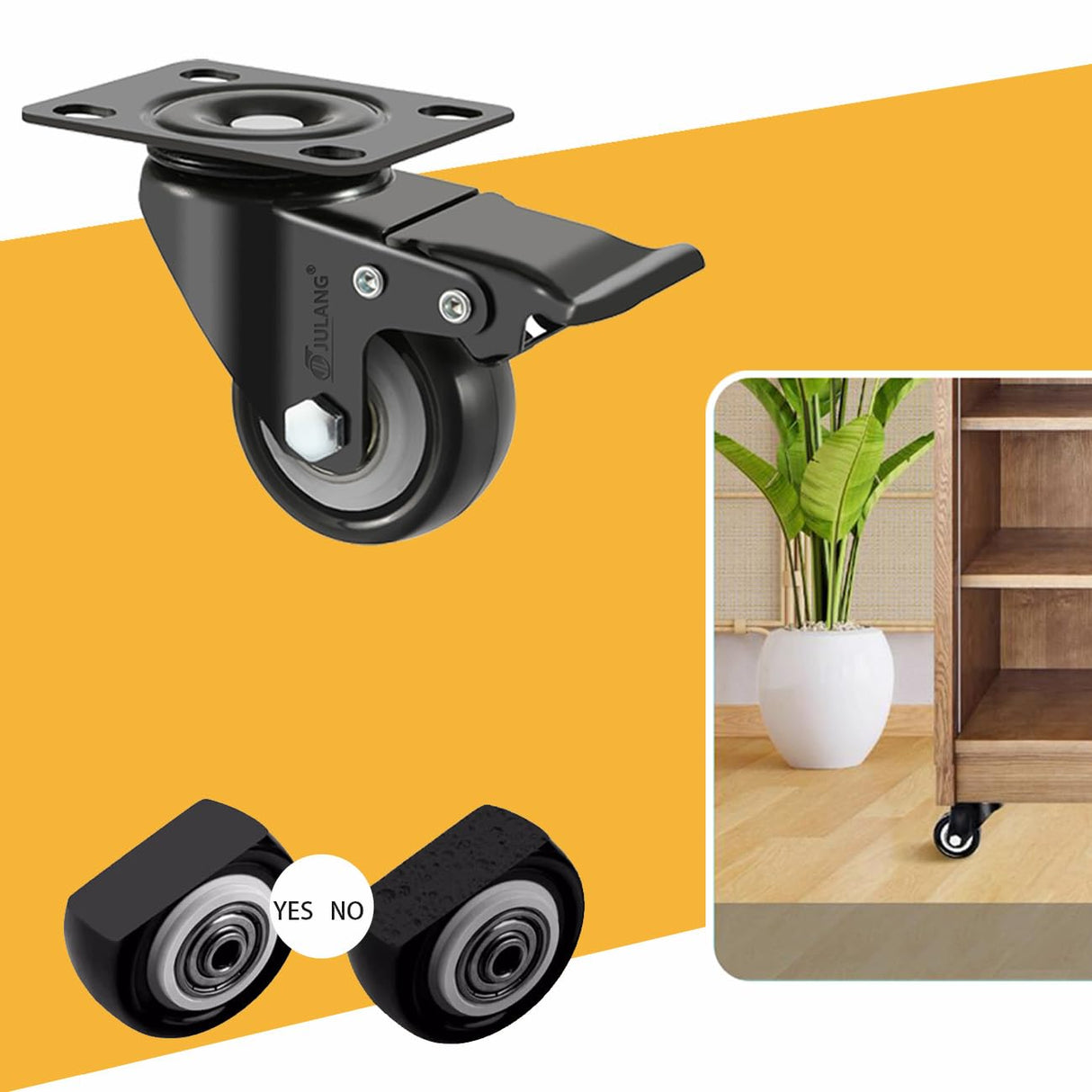 JULANG 2" Locking Caster Wheels Set of 4 Heavy Duty with Brake, Noise Free (PU) Wheels, Swivel Plate Castors 4 PCS, for Furniture, Carts, Garden Potting Tables, Workbenches Julang