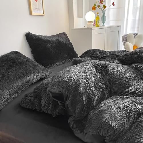 chovy Kids Girls Faux Fur Black Comforter Sets Twin/Full - 3PC Bed Set Skin Friendly Soft Warm Comfortable Classical Rabbit Plush Velvet Flannel Fluffy Fuzzy Bedding(Comforter x 1 Pillowcases x 2) chovy