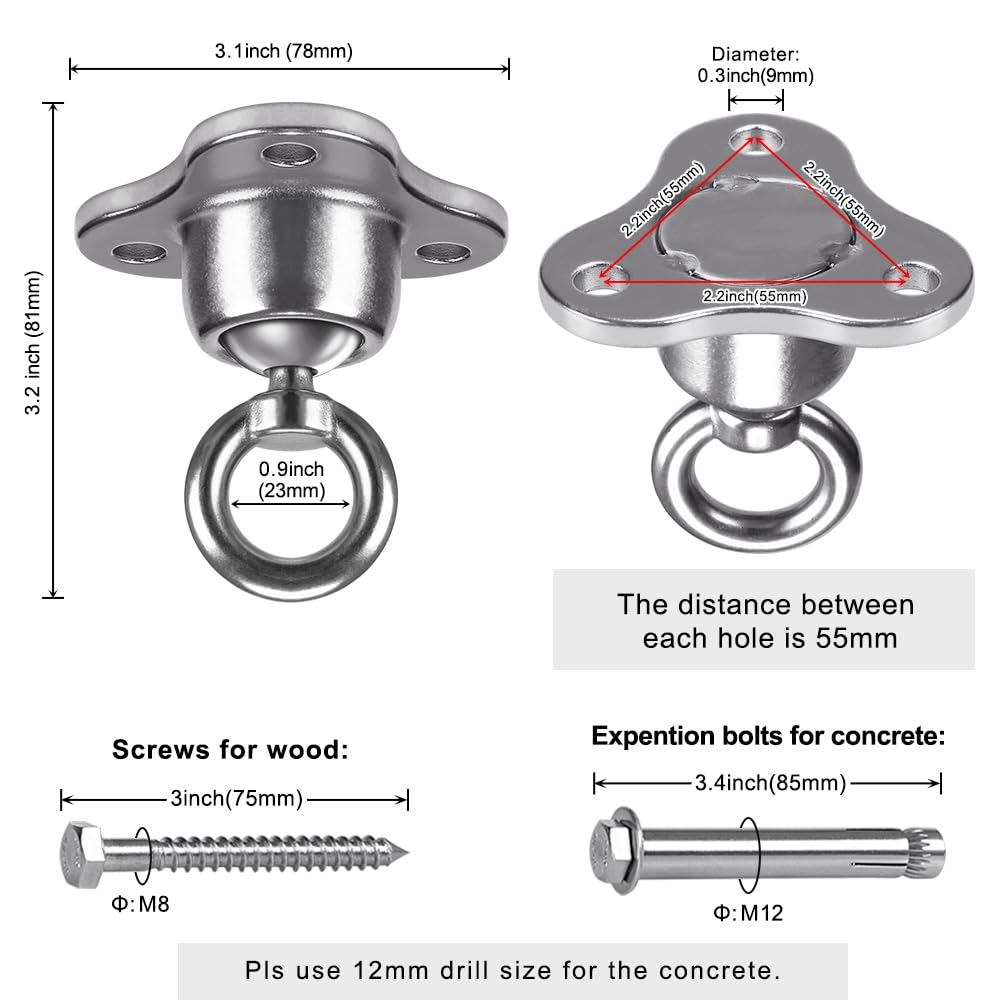 SELEWARE Punching Bag Hanger, Stainless Steel Heavy Bag Hanger with Carabiner, Heavy Duty 360° Rotation Wall Ceiling Mount Hook for Boxing Bags, Hammocks, Gym Swings, Yoga Swings, 1000LB Capacity SELEWARE