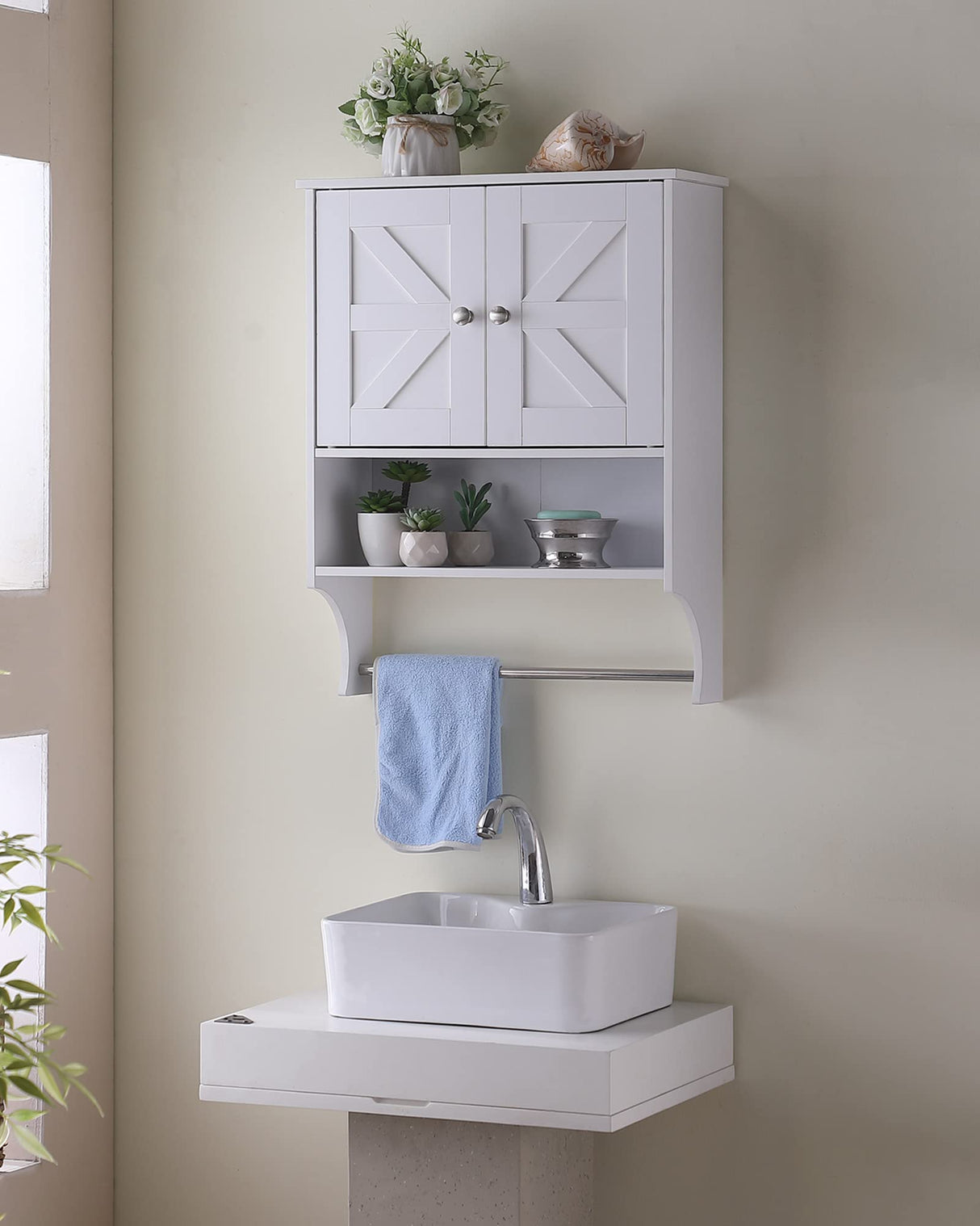 Kavonty Over The Toilet Storage Cabinet,Farmhouse Medicine Cabinet with 2 Door and Adjustable Shelves,21.65 x 7.1 x 27.6 Inches, Bathroom, White Kavonty