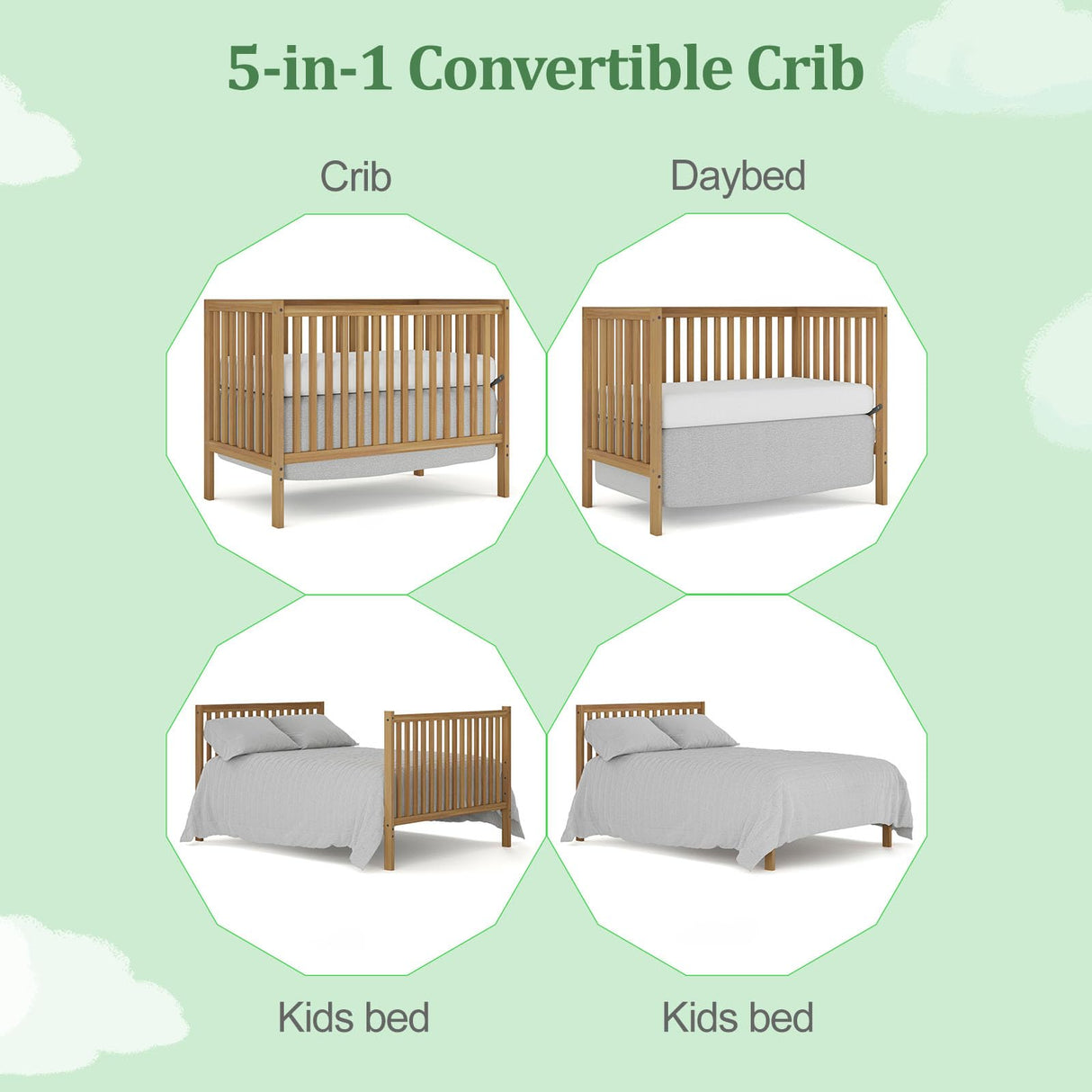 HZANHY 5-in-1 Baby Crib,Convertible Crib, Baby Crib, Converts from Baby Crib to Toddler Bed, Daybed and Full-Size Bed Frame, Fits Standard Full-Size Crib, Baby Bed Natural (Mattress not Included HZANHY