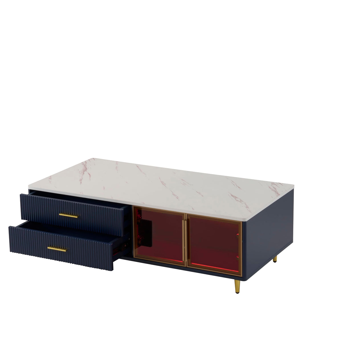 Modern Coffee Table with Glass Doors Storage, 47.2" Large Multi-Color Led Coffee Table with 4 Drawers and Gold Metal Legs, Wooden Rectangle Tea Table Center Table for Living Room, Navy Blue cloblane