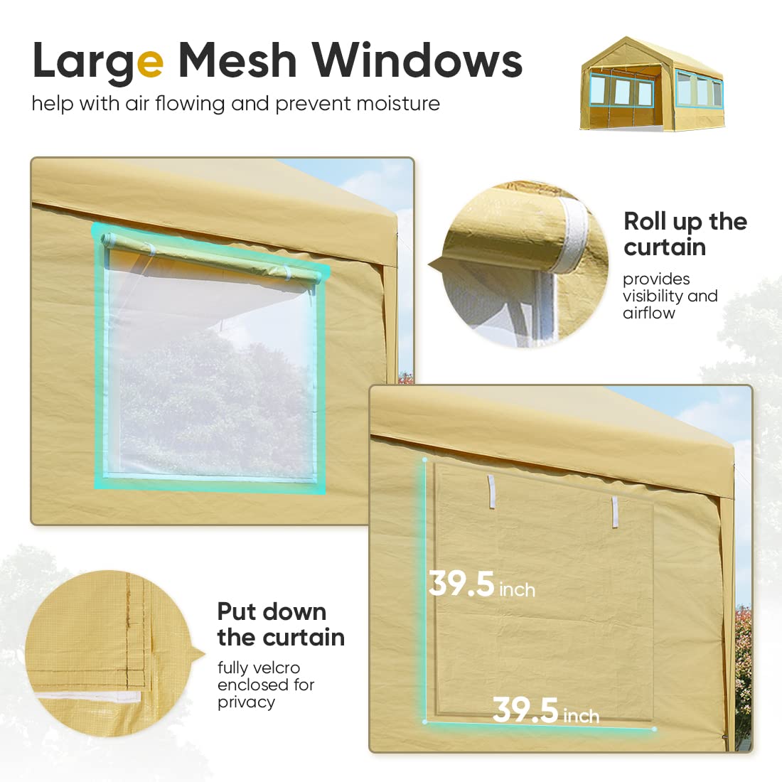 ADVANCE OUTDOOR 12x20 ft Heavy Duty Carports with 6 Roll-up Ventilated Windows & Removable Sidewalls Car Canopy Garage Boat Shelter Party Tent, Adjustable Peak Height from 9.5ft to 11ft, Yellow ADVANCE OUTDOOR