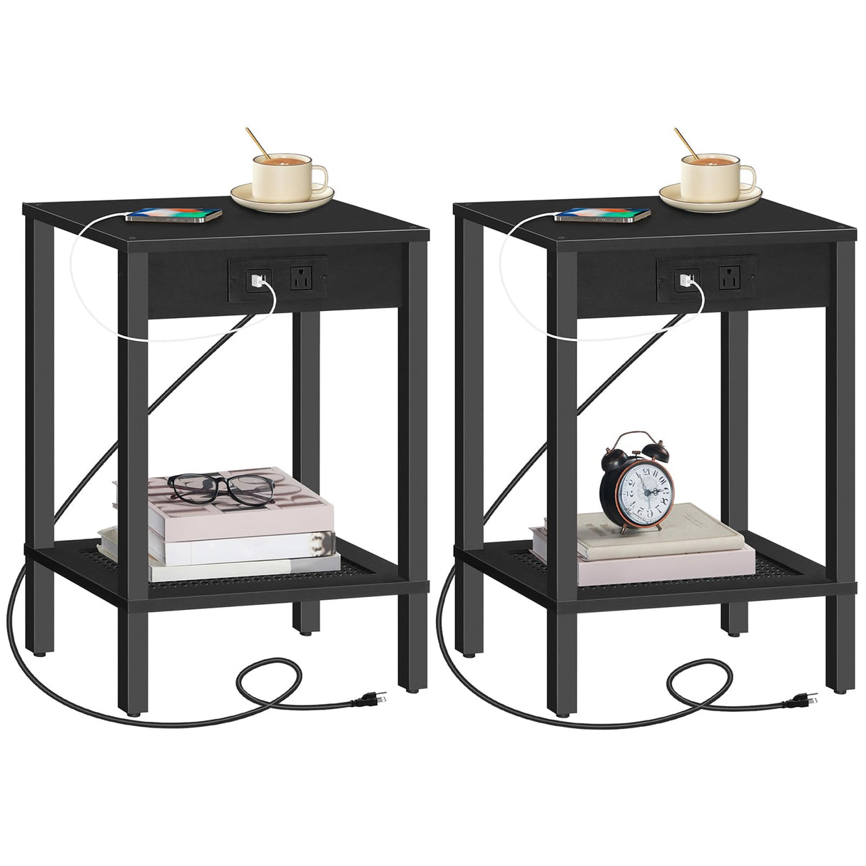 HOOBRO Side Table with Charging Station, Set of 2 End Tables with USB Ports and Outlet, Nightstand with 2-Tier Storage Shelf, for Living Room, Bedroom, Small Space, Black BK91UBZP201 HOOBRO