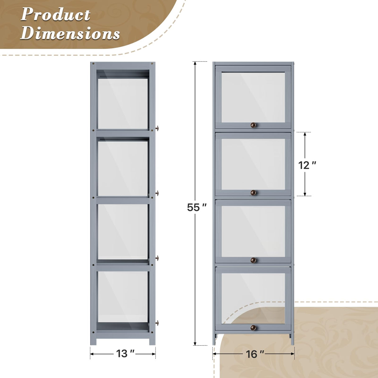 Athena Collection Curio Display Cabinet, 4-Tier Acrylic Display Shelf 55” Tall Display Case for Trophy Figures Curio Collectibles Display Shelves for Living Room Bedroom, Grey Athena Collection