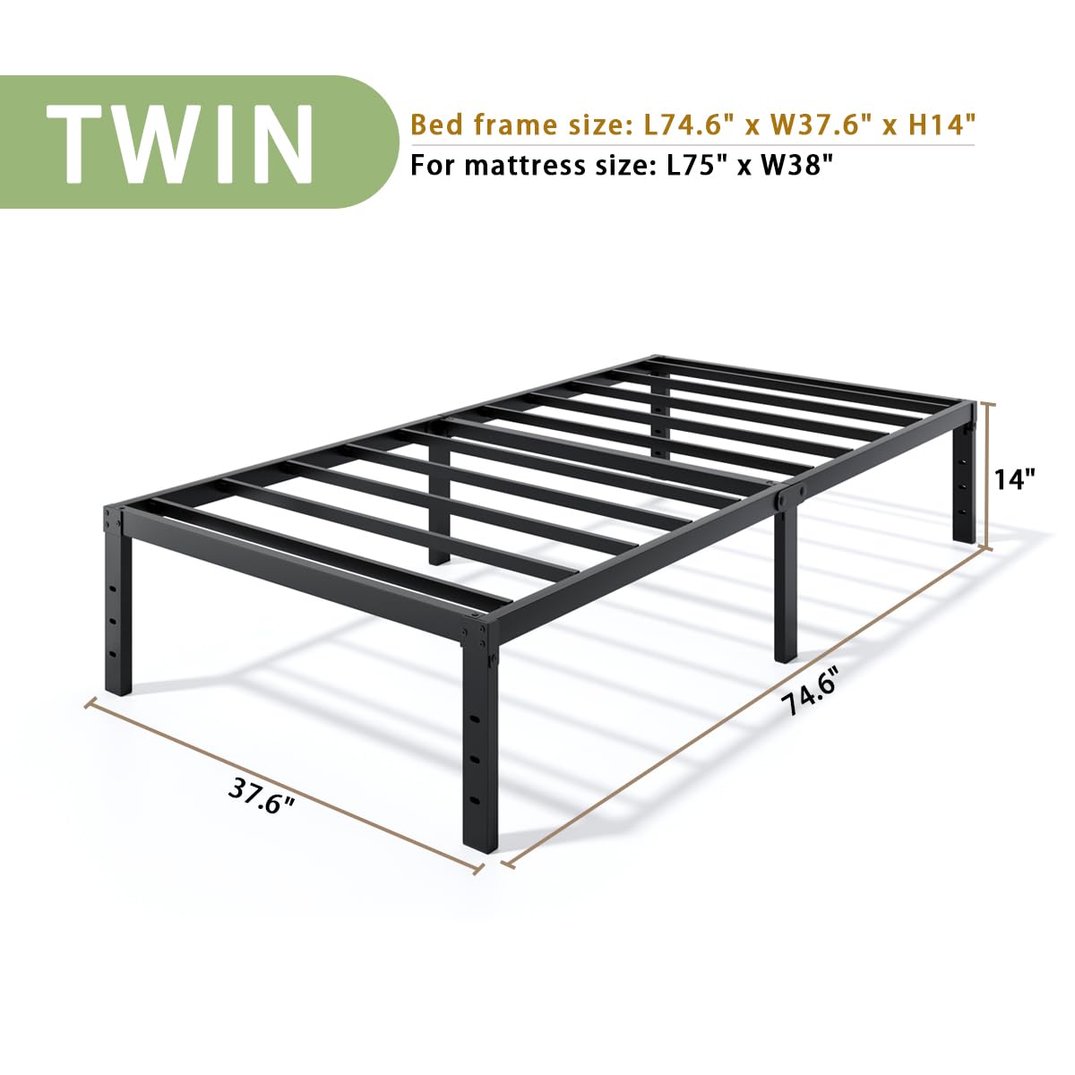 LUMUNANCE Metal Bed Frame Twin Size - 14 Inch Heavy-Duty Twin Platform Bed Frame No Box Spring Needed, Easy Assembly, Noise-Free, Sturdy Mattress Foundation, Underbed Storage Space LUMUNANCE