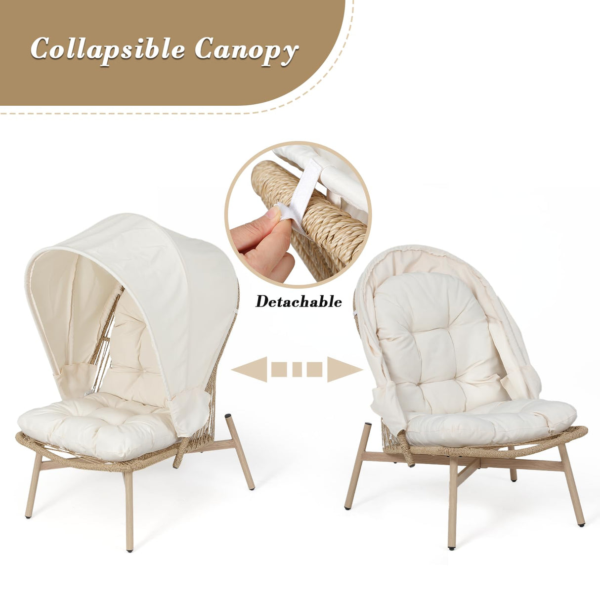 Athena Collection Patio Wicker Egg Chair with Folding Canopy, All-Weather Rattan Patio Lounge Chair with Sun Shade, Balcony Furniture Outside Seating for Front Porch, Garden, Poolside, Outdoor, Beige Athena Collection