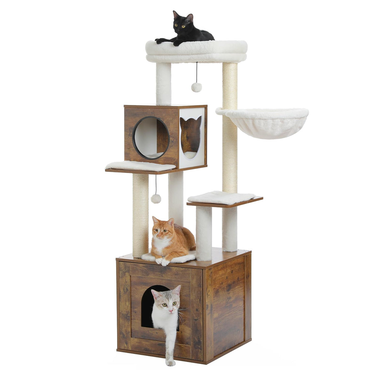 MIOMUM Tall Cat Tree with Litter Box Enclosure 57.5" Wooden Cat Tower for Large Cats with Cat Hammock House Bed (Wood Walnut) MIOMUM