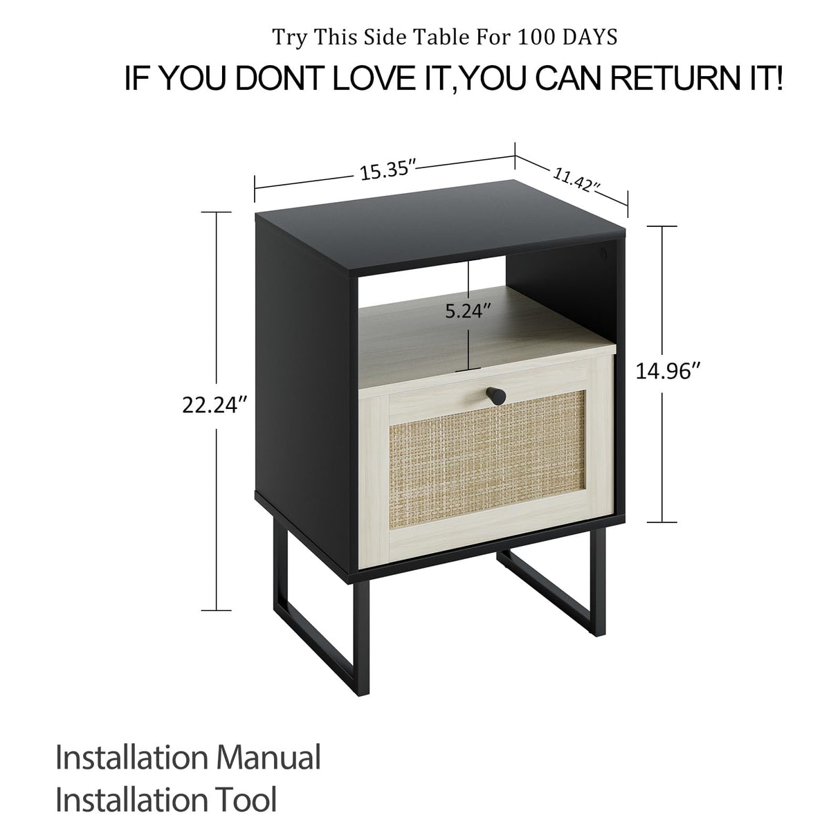Masupu Boho Night Stand, Small Rattan Side Table, Wood Nightstand with Drawer and White Oak Shelf, Bedside Table, End Table for Bedroom,Living Room,Office (Black Frame) Masupu