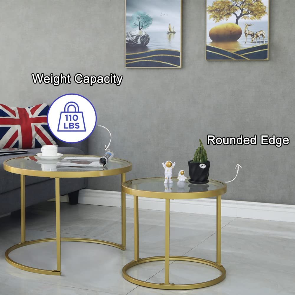 HEONITURE Gold Nesting Coffee Table Set of 2, Small Glass Nesting Tables for Living Room Bedroom, Accent Tea Table with Metal Frame HEONITURE