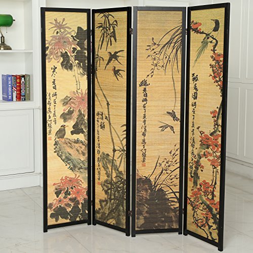 MyGift Decorative 4 Panel Folding Room Divider Bamboo Screen with Chinese Calligraphy Design, 6FT Freestanding Floral Artwork Room Partitioner with Black Wood Frame MyGift