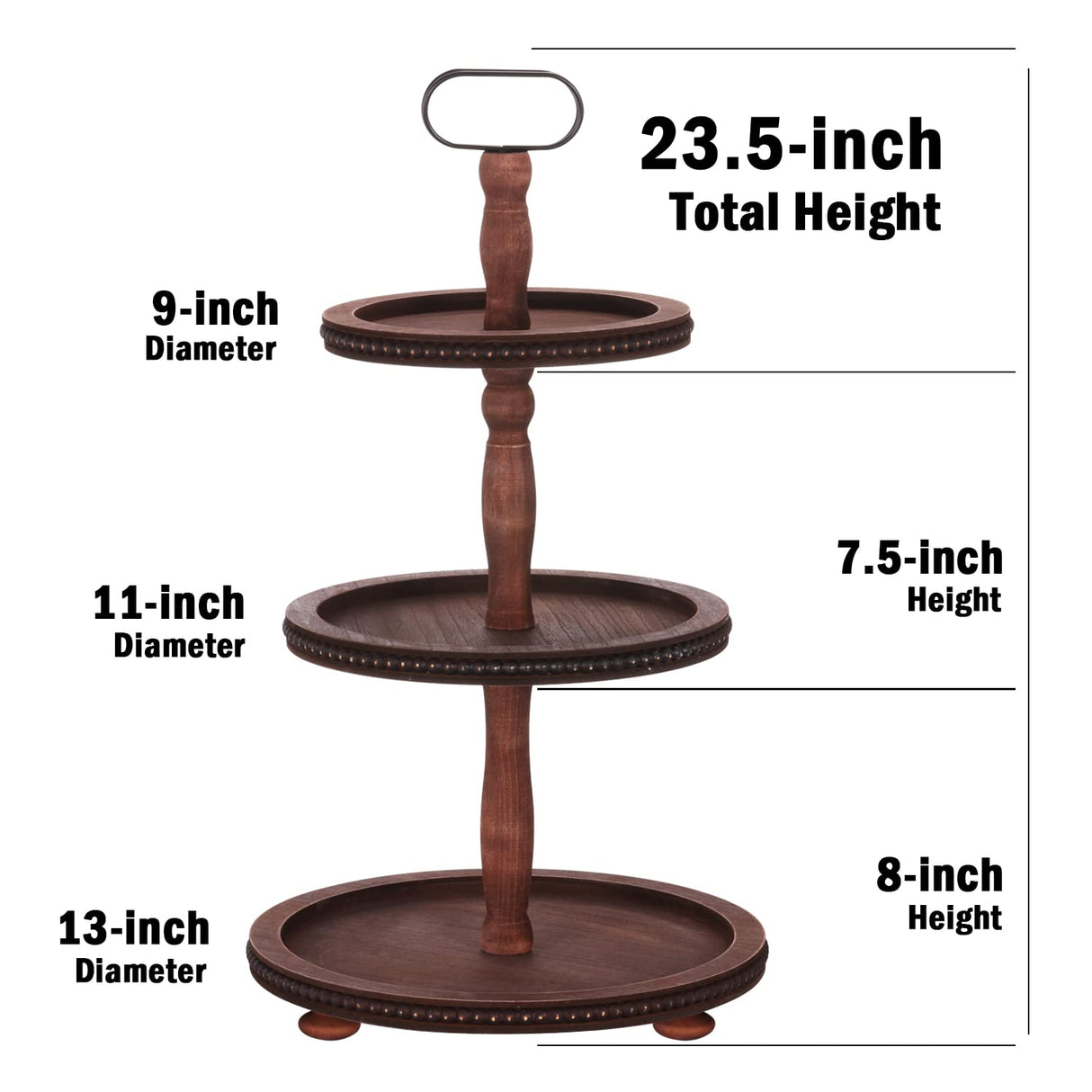 Urban Deco Wooden Tiered Tray 3-Tier Decorative Tray Stand Farmhouse Serving Tray, Round Wooden Cupcake Display Stand with Metal Handle, Brown Tiered Fruits Tray for Home Party Decorations Urban Deco