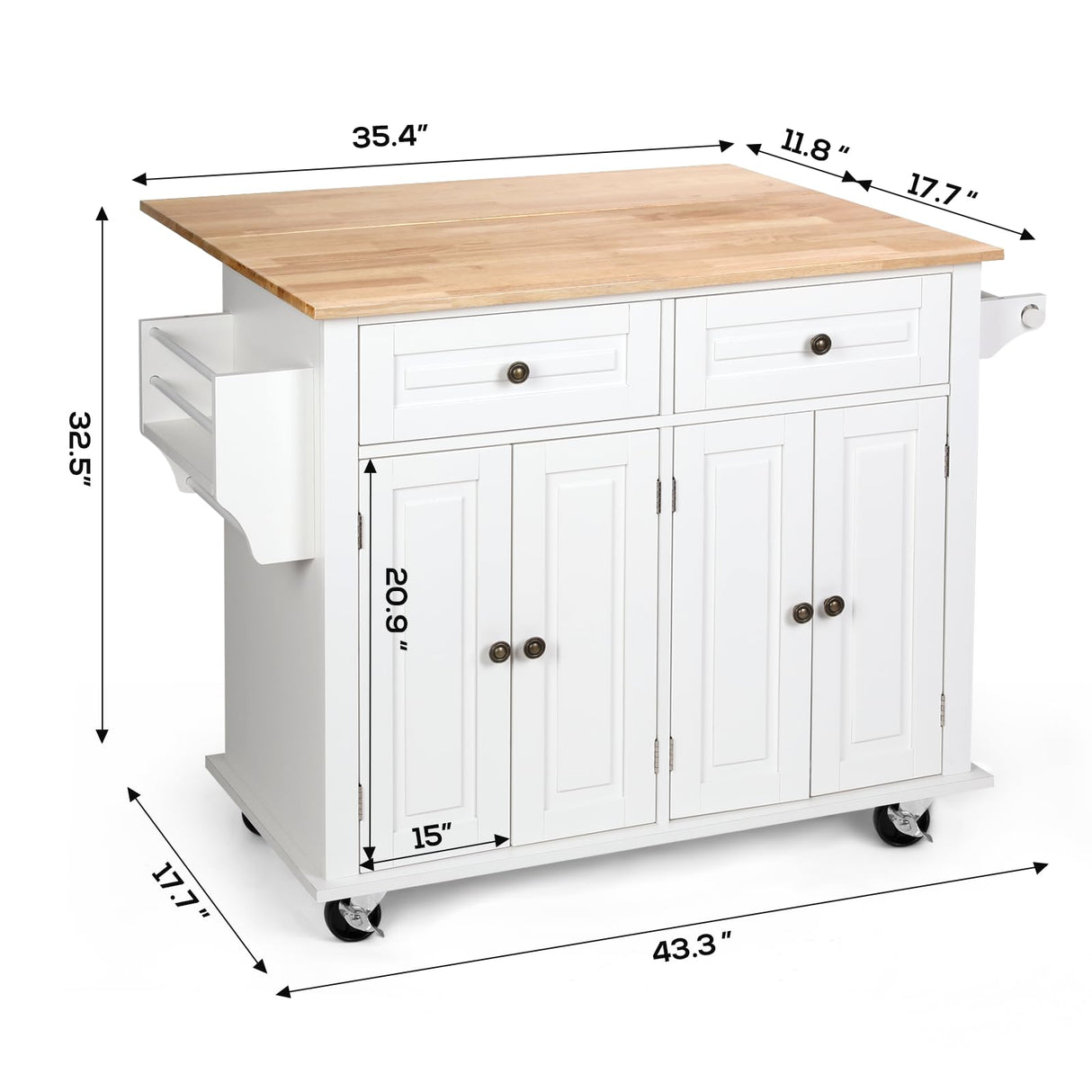 VOWNER 43" Kitchen Island with Drop Leaf, Island Table Kitchen with Storage, Solid Wood Countertop Rolling Kitchen Cart for Kitchen, Living Room VOWNER