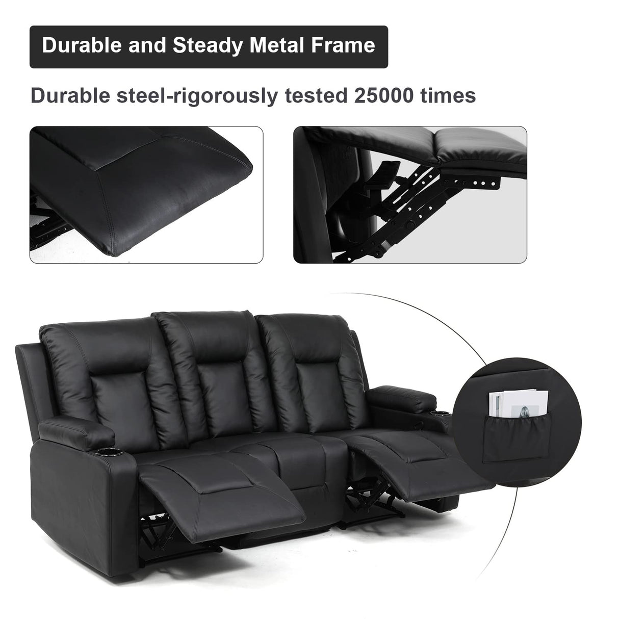 COMHOMA Recliner Chair Set, Furniture 3PC Bonded Leather Recliner Set Living Room Set, Sofa, Recline Chair (Black,Living Room Set 3) COMHOMA