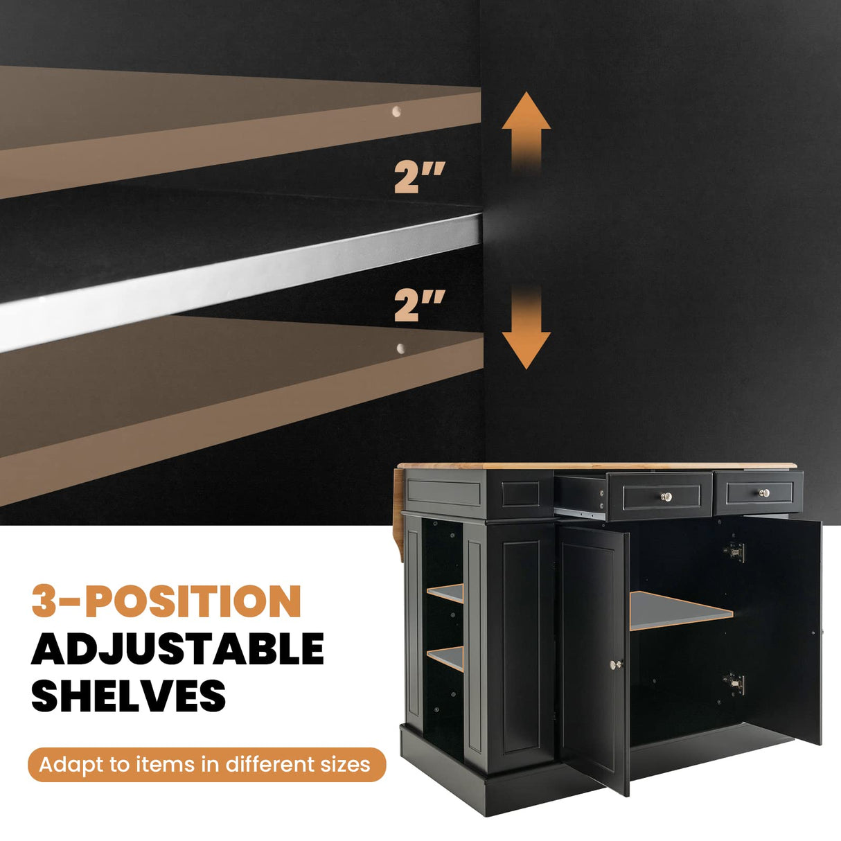 LOKO Black Kitchen Island with Drop Leaf, Storage Cabinet, Adjustable Shelves & Drawers LOKO