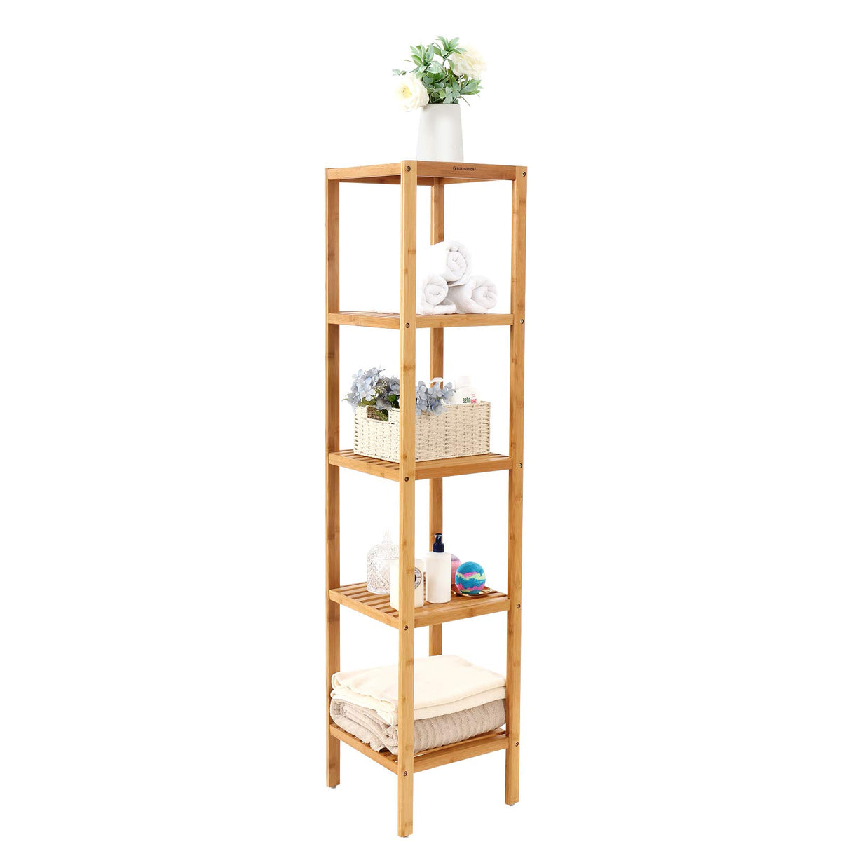SONGMICS 5-Tier Bamboo Bathroom Shelf, Narrow Shelving Unit, Multifunctional Storage Rack, Corner Rack, for Kitchen, Living Room, Bedroom, Entryway, Bathroom, Natural UBCB55Y SONGMICS