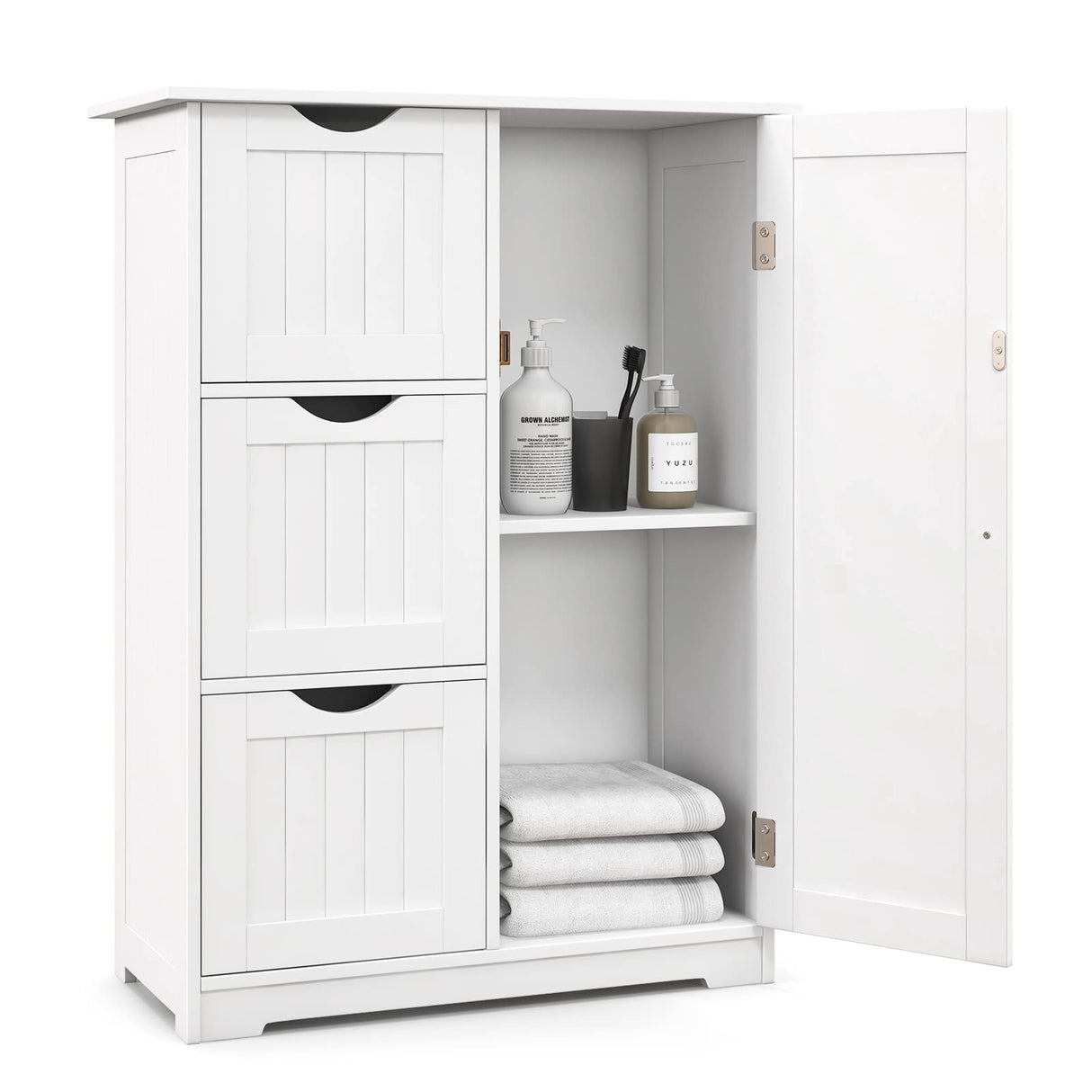 Tangkula White Freestanding Bathroom Floor Cabinet with 3 Drawers and Adjustable Shelf Tangkula